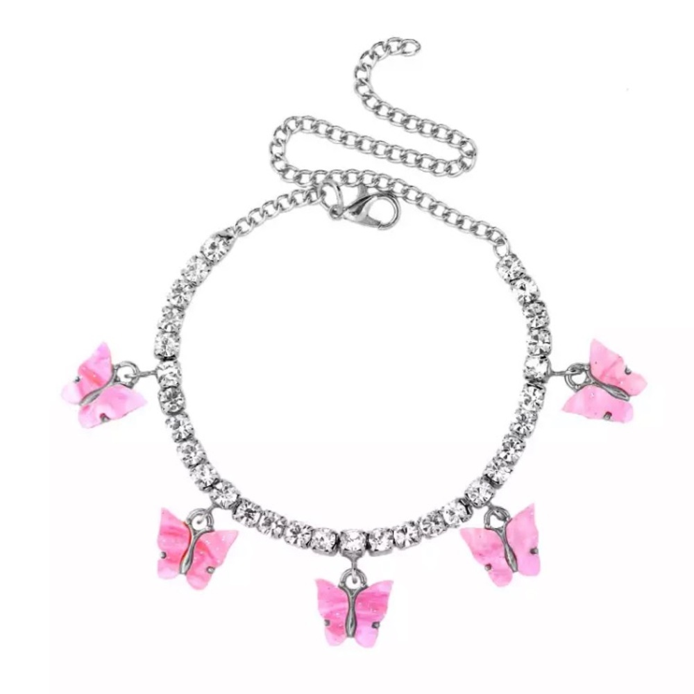 Tennis Bracelet CZ Rhinestone with Pink Butterfly charms